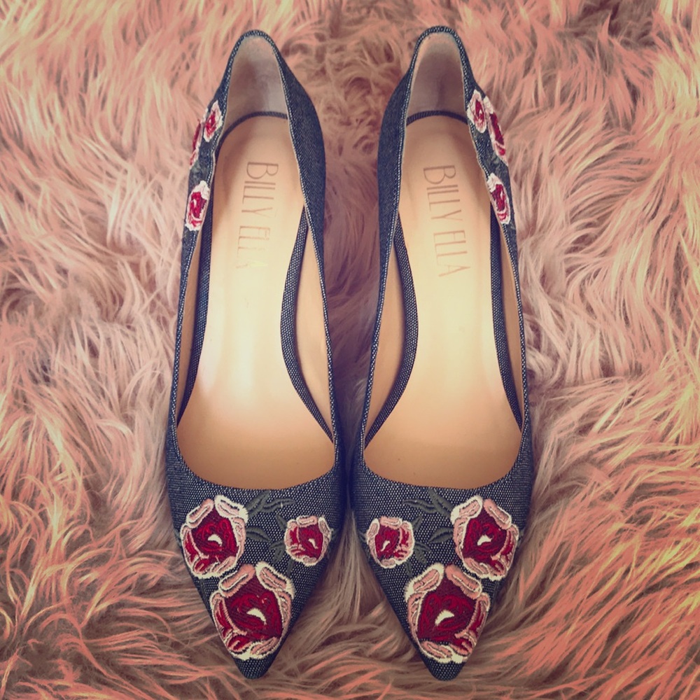 Denim Floral Embroidered Heel